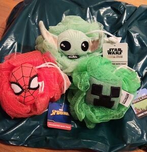 Marvel Spider-Man, Disney Baby Yoda, and Minecraft Kids Bath Sponge Set, NWT
